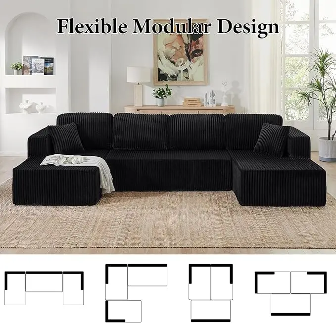 [Envío de 3 o 2 paquetes] [Sofá seccional] Sofá seccional modular en forma de U, tela de pana comprimida, sofá cama de estilo moderno para sala de estar, diseño reclinable que ahorra espacio - Sofá seccional convertible de pana