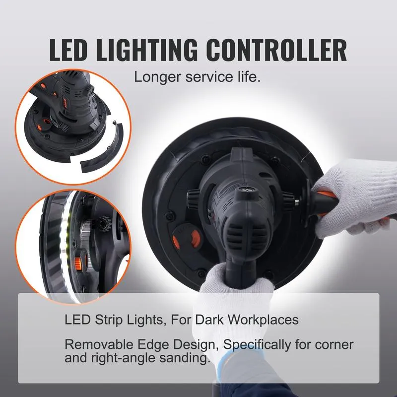 Lijadora de Pared Seca 800W con Motor de Carbón, Velocidad Variable 1200-2300RPM, Sistema de Aspiración Automática, Lijadora Eléctrica para Drywall y Yeso
