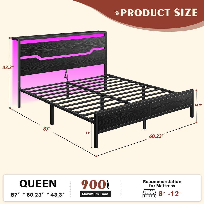 Marco de cama de madera para cama Queen King Full con cabecero y estante de almacenamiento, marco de cama tamaño Queen con luces LED y estación de carga, sin colchón, soporta hasta 900 libras con listones y marco de metal, sin ruido