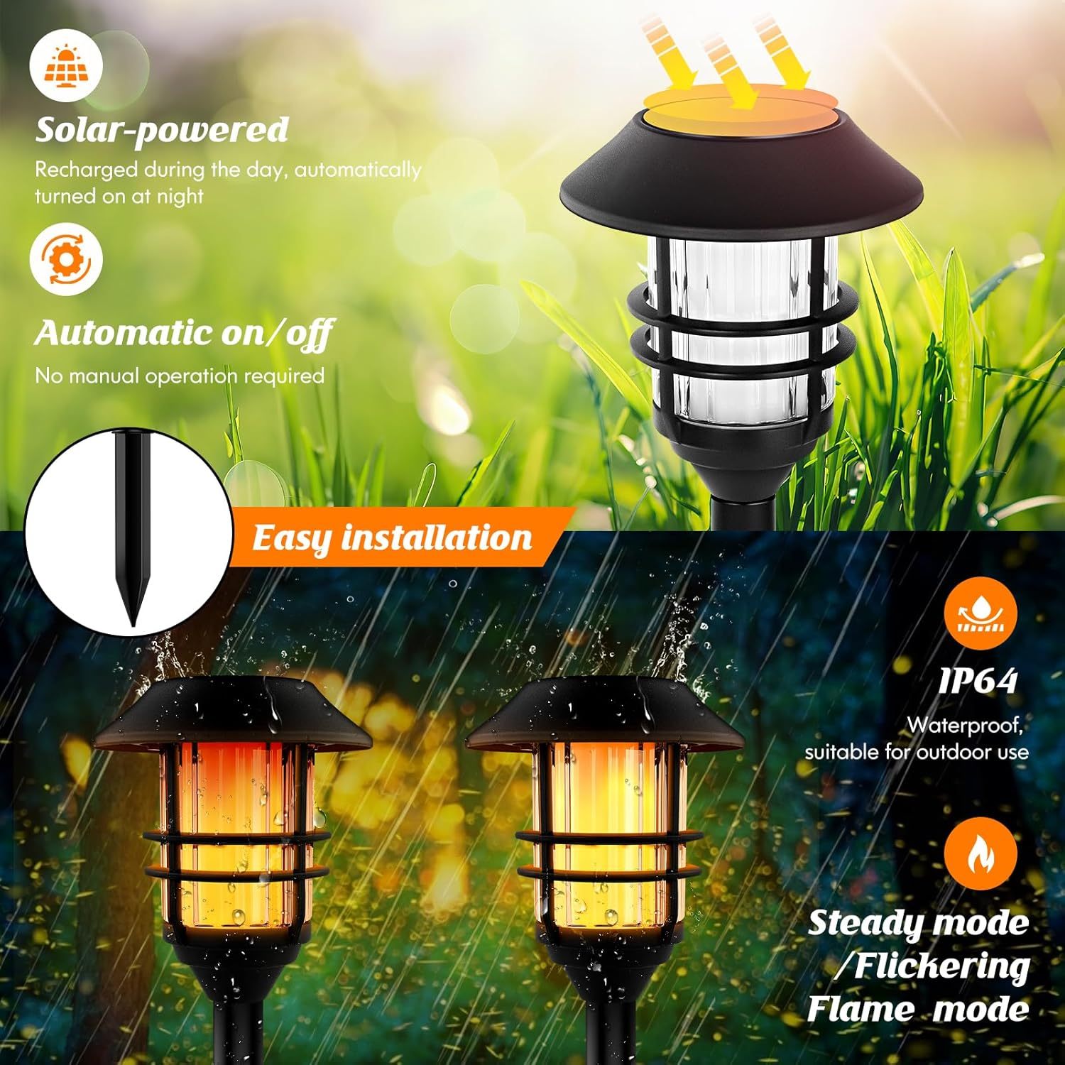 ZOOHAR Antorchas Solares de Exterior Extra Altas con Llama Parpadeante – 4 Piezas, Luz de Jardín Resistente al Agua, Acero Inoxidable para Caminos, Decoración de Patio con Encendido/Apagado Automático
