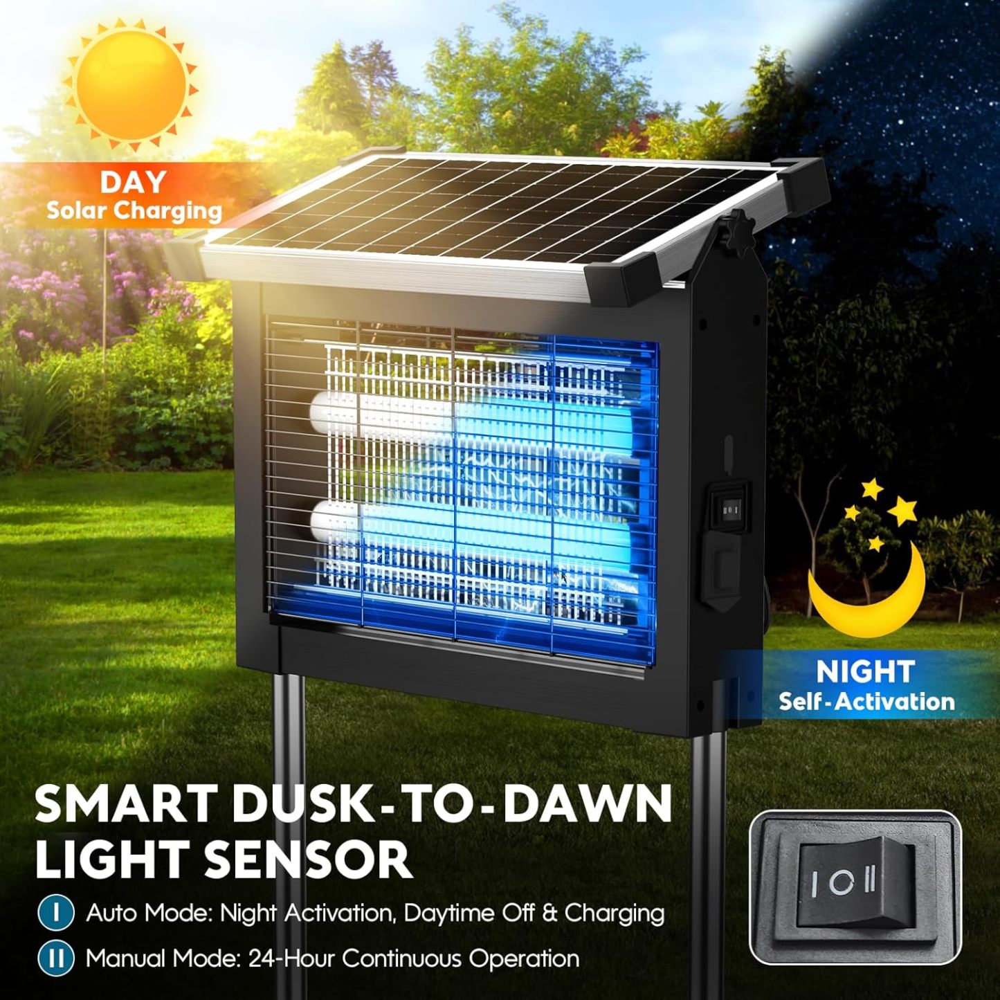 Gainstarx Mata Mosquitos Solar para Exterior, Resistente al Agua, Eléctrico para Moscas y Mosquitos, Sensor de Luz Inteligente, Recargable por Energía Solar, Ideal para Patio, Jardín, Camping y Uso Interior