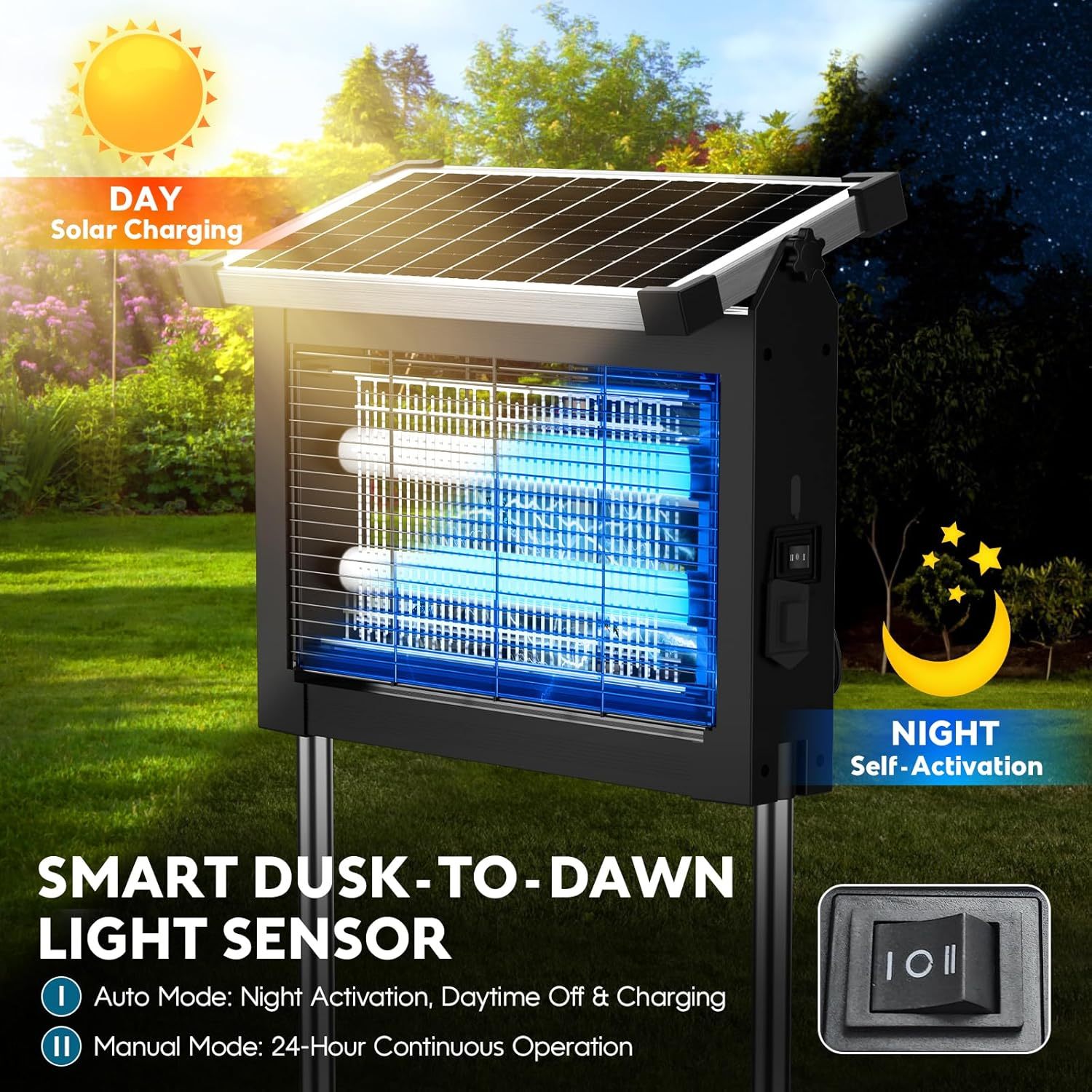 Gainstarx Mata Mosquitos Solar para Exterior, Resistente al Agua, Eléctrico para Moscas y Mosquitos, Sensor de Luz Inteligente, Recargable por Energía Solar, Ideal para Patio, Jardín, Camping y Uso Interior