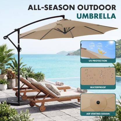 【Con base】 Sombrilla excéntrica de 10 pies para patio exterior (con base) — Inclinación y manivela sencillas, pantalla de poliéster ajustable para jardín, patio trasero y zona de piscina.