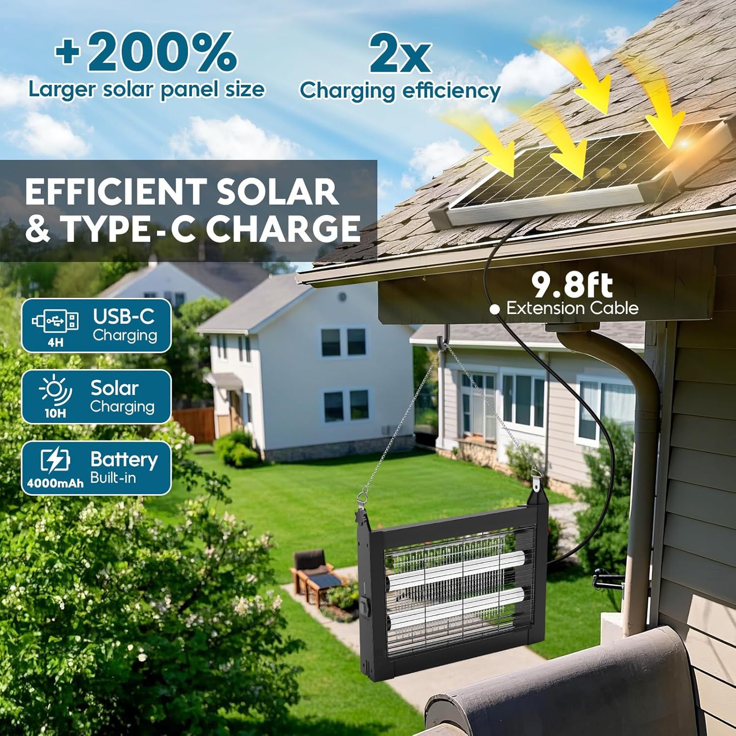 Gainstarx Mata Mosquitos Solar para Exterior, Resistente al Agua, Eléctrico para Moscas y Mosquitos, Sensor de Luz Inteligente, Recargable por Energía Solar, Ideal para Patio, Jardín, Camping y Uso Interior