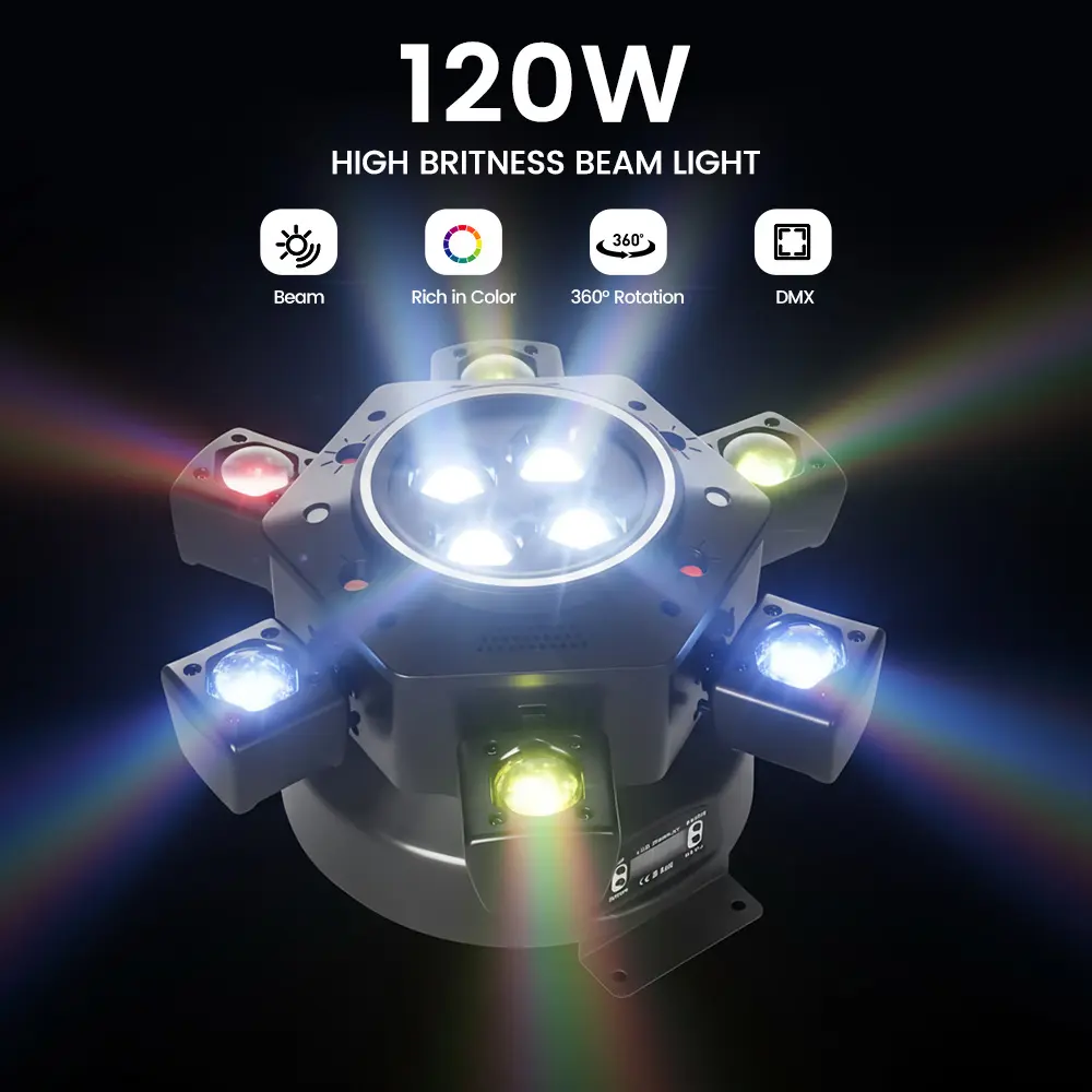 Luces DJ con cabeza móvil para fiestas – LED RGBW 6 en 1, 6 brazos, compatible DMX-512 y activación por sonido