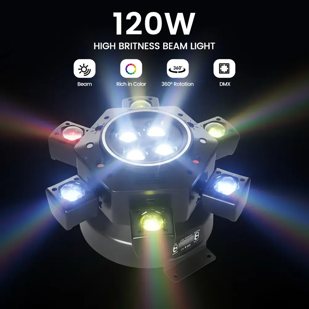 Luces DJ con cabeza móvil para fiestas – LED RGBW 6 en 1, 6 brazos, compatible DMX-512 y activación por sonido