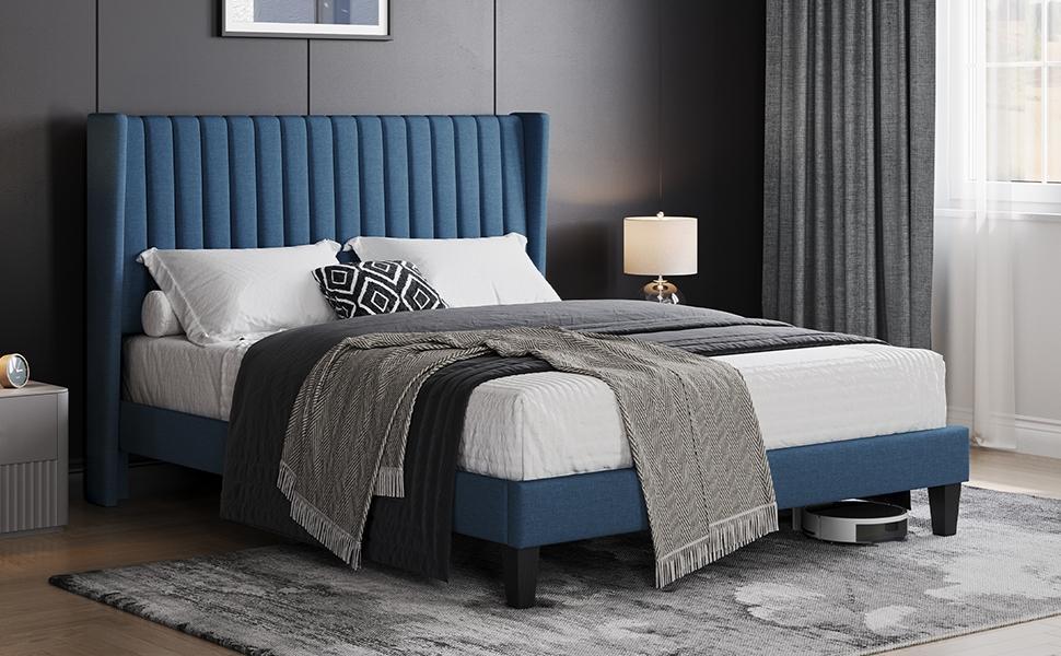 Yaheetech Linen Fabric /Velvet Upholstered Bed Frame Full/Queen/King with Wooden Slat Support, No Box Spring Needed, Durable Construction, Easy Assembly Furniture Bedroom Beige Headboard