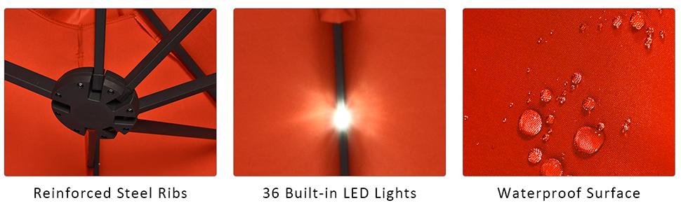 COSTWAY 15/13Ft Solar Patio Umbrella with Base, Extra Large Outdoor Double-Sided Twin Umbrella with 36 LED Lights & Crank Handle for Garden, Deck, Poolside, Patio