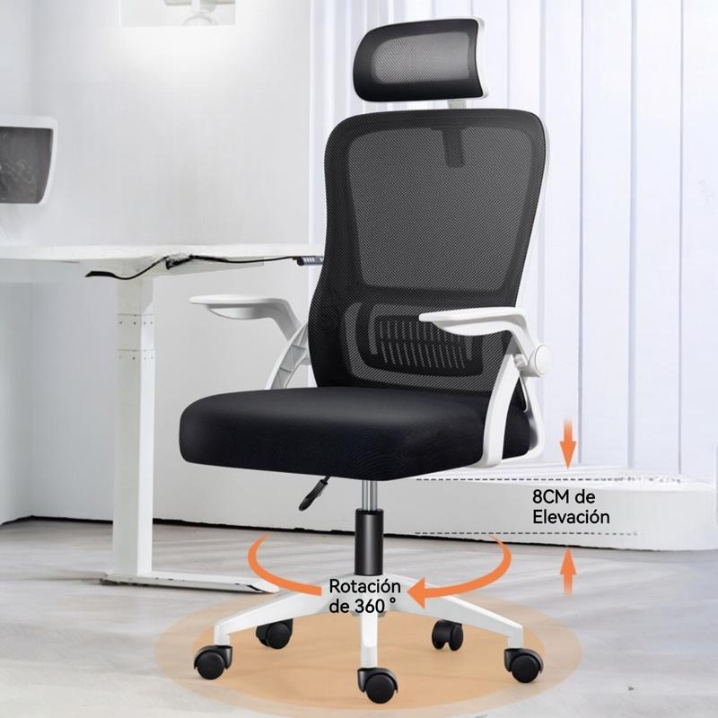Silla de Oficina, para Gaming, Escritorio Ergonmica con Reposacabezas, Ajustable y con Soporte Lumbar Respaldo de Malla Transpirable Reposabrazos Abatibles de 90 Giratoria 360