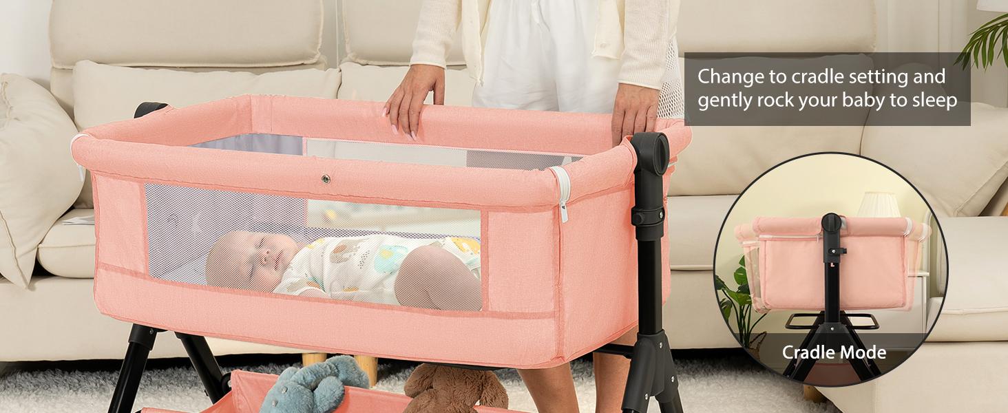 Baby Bassinet Crib, Crib for Infant&Newborn, Bedside Sleeper with Storage Basket and Mosquito Net, Easy to Fold, Height Adjustable, Portable Side Bed Crib