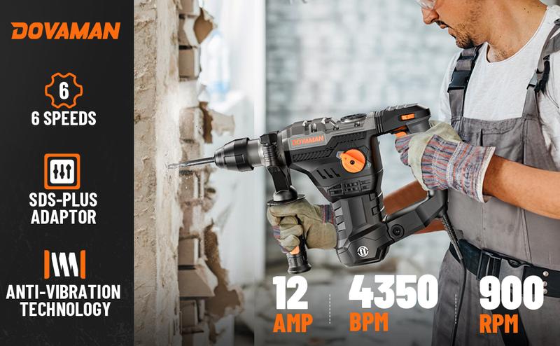 DOVAMAN RH15A 1-9/16'' SDS-Plus Rotary Hammer Drill, 4 Functions in One Knob, Safety Clutch, 6 Speeds, 4350BPM / 900RPM, Fit for Concrete, Wood, Steel