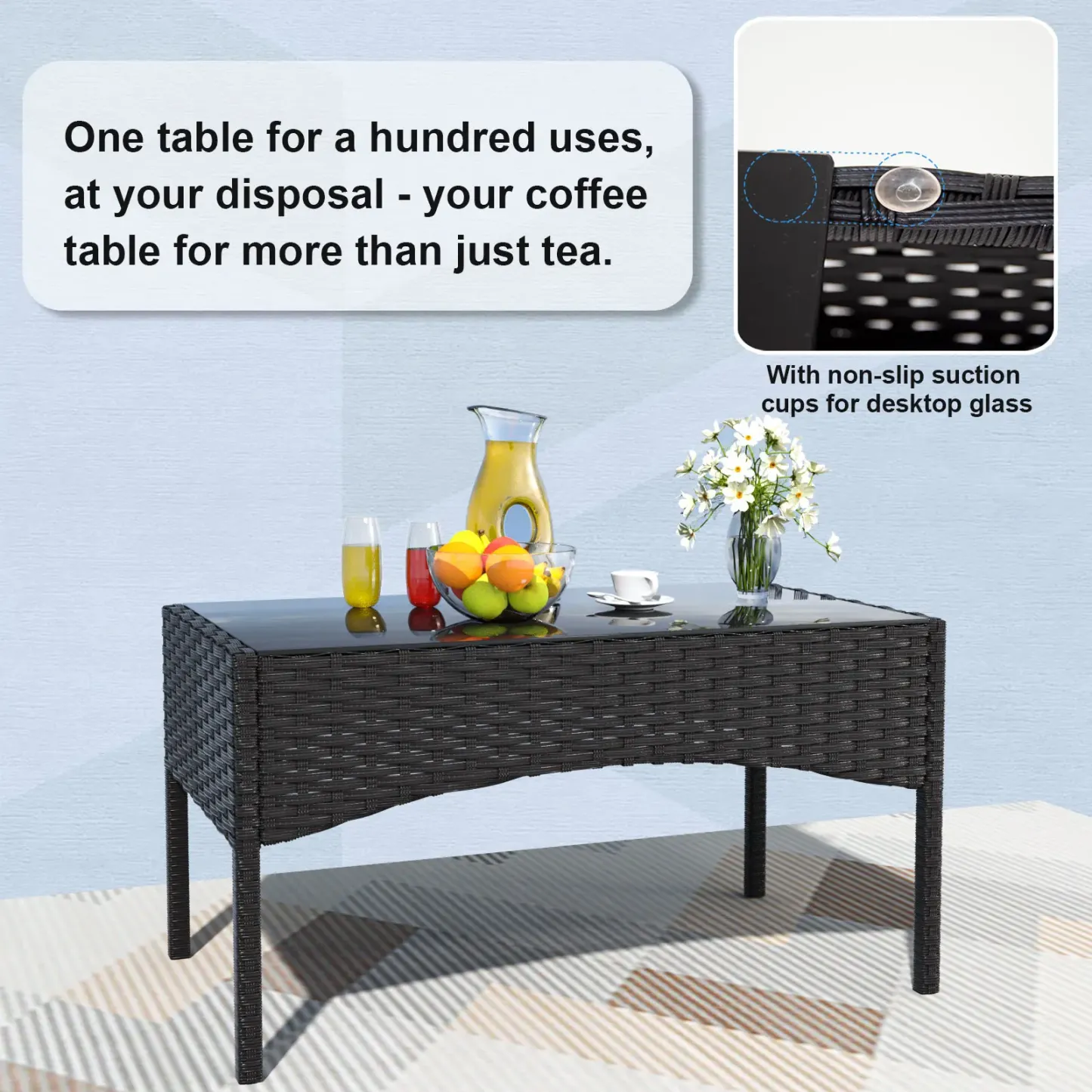 Juego de muebles de exterior para patio Kullavik — Conjunto de conversación para jardín con sillas de ratán sintético (PE), mesa de vidrio templado y cojines suaves; ideal para el césped, la piscina o el patio trasero.