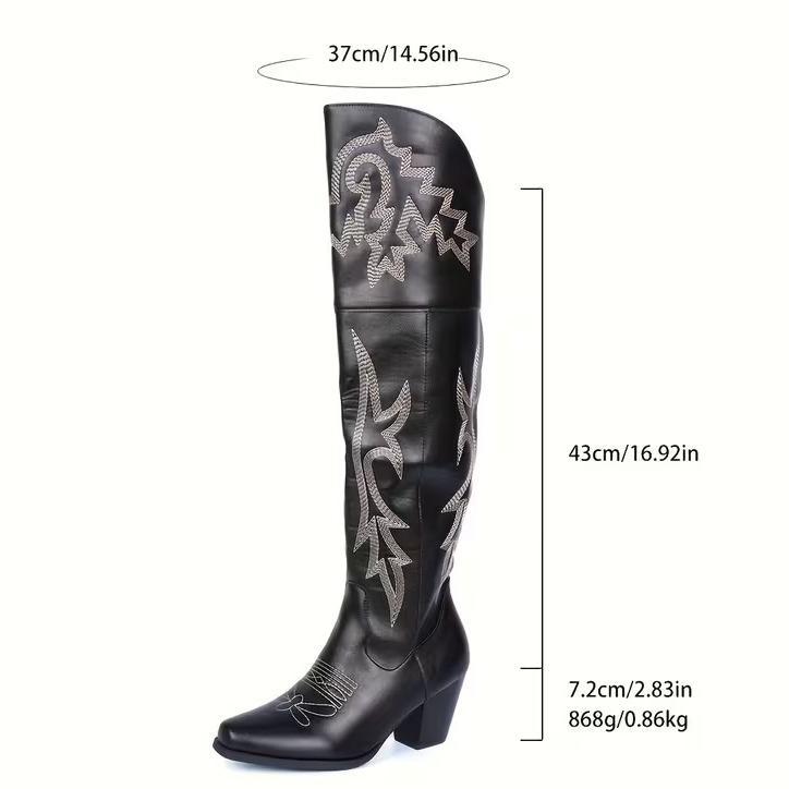 Botas vaqueras altas hasta la rodilla para mujer, estilo vintage, con plataforma bordada y puntiaguda, por encima de la rodilla, con punta cuadrada y tacón grueso, para vacaciones.