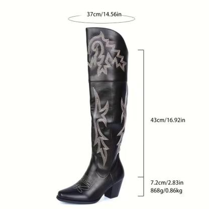 Botas vaqueras altas hasta la rodilla para mujer, estilo vintage, con plataforma bordada y puntiaguda, por encima de la rodilla, con punta cuadrada y tacón grueso, para vacaciones.
