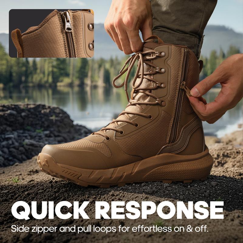 Botas tácticas militares para hombre, de 8 pulgadas, con punta redonda y cierre de cordones, ligeras, cómodas para trabajar todo el día, con cremallera lateral, para motociclistas, combate, senderismo, duraderas, negras, con protección y soporte, para ext