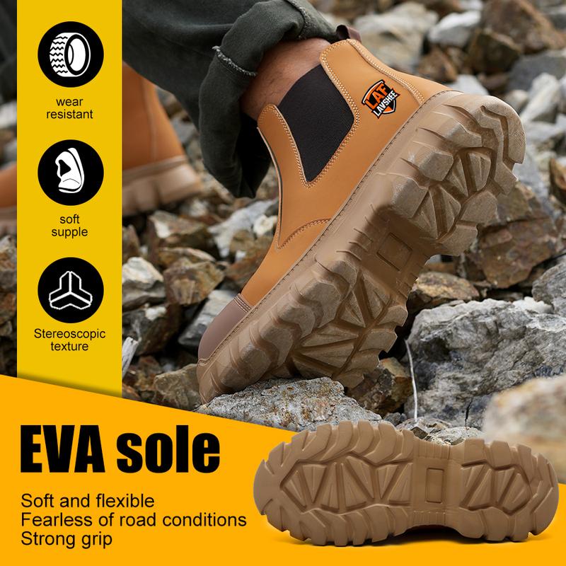 Zapatos de trabajo ligeros de color marrón con puntera de acero, antideslizantes, resistentes a salpicaduras, a impactos y a perforaciones, y transpirables.
