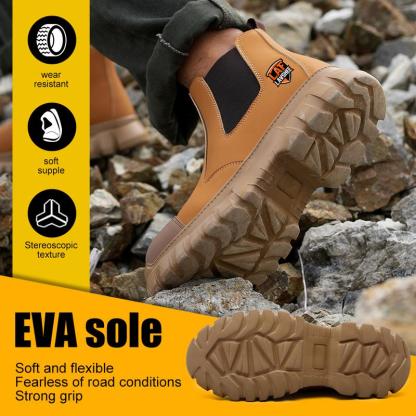 Zapatos de trabajo ligeros de color marrón con puntera de acero, antideslizantes, resistentes a salpicaduras, a impactos y a perforaciones, y transpirables.