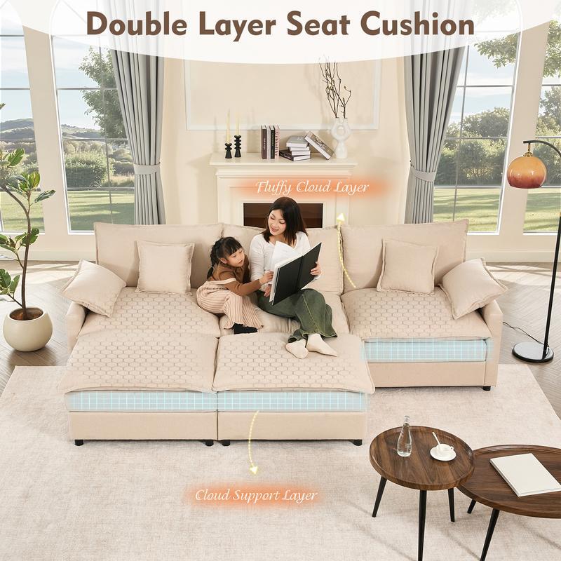 Sofá modular seccional en forma de U de 274 cm - Comfy Cloud de 3 plazas con 2 otomanas móviles, sofá Cloud, sofá de lino con asiento profundo para sala de estar, color beige, diseño cómodo y elegante, color rosa chenilla.
