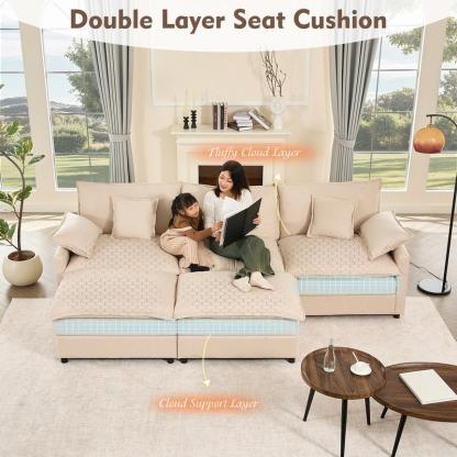 Sofá modular seccional en forma de U de 274 cm - Comfy Cloud de 3 plazas con 2 otomanas móviles, sofá Cloud, sofá de lino con asiento profundo para sala de estar, color beige, diseño cómodo y elegante, color rosa chenilla.