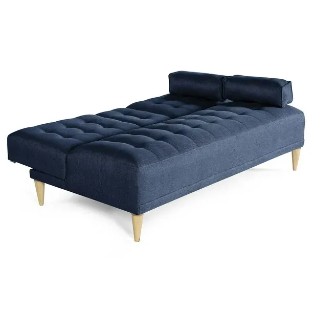 Sofá Cama de Lino Azul Makora Con Portavasos Modelo Queen