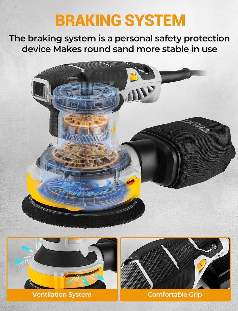 DEKOPRO Random Orbital Electric Sander with 16 Sandpapers, 14000RPM, 5-Inch, High Performance Dust Collection - For Woodworking