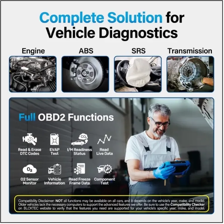 Escáner OBD2 BLCKTEC 460T con 12 servicios de reinicio: escaneo de motor/ABS/SRS/transmisión, reinicio de aceite/TPMS/EPB/SAS/DPF, purgado de ABS, VIN automático y actualizaciones gratuitas.