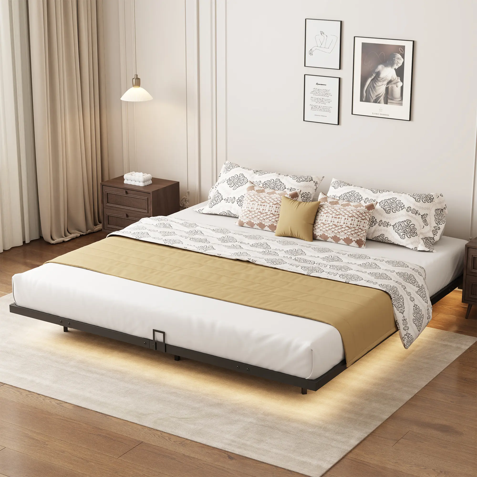 Estructura de cama flotante, base de plataforma metálica con luces LED, estación de carga con 2 tomas de corriente y puertos USB, no requiere somier, antideslizante, silenciosa, fácil montaje.