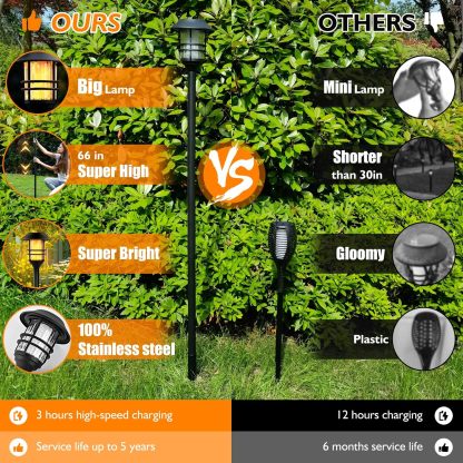 ZOOHAR Antorchas Solares de Exterior Extra Altas con Llama Parpadeante – 4 Piezas, Luz de Jardín Resistente al Agua, Acero Inoxidable para Caminos, Decoración de Patio con Encendido/Apagado Automático