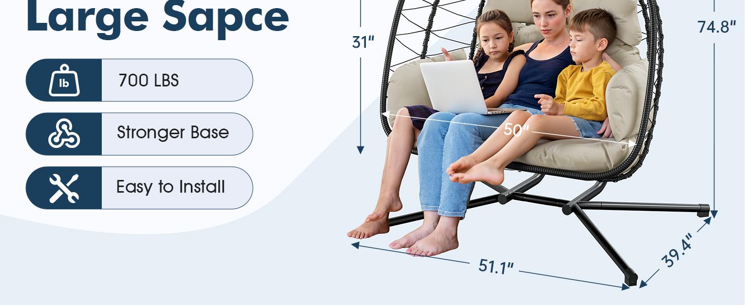 Double Hanging Egg Chair with Cushion, 700lbs Capacity - Foldable Patio Chair with Handwoven PE Wicker & Rust-Proof Frame, for Garden, Porch, Backyard Soft Lounge Swing