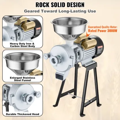 VEVOR Electric Grain Mill Grinder,  3000W Spice Grinders, Commercial Corn Mill with Funnel, Thickness Adjustable Powder Machine, Heavy Duty Feed Flour Cereal Mill Wheat Grinders, Dry & Wet Grinder