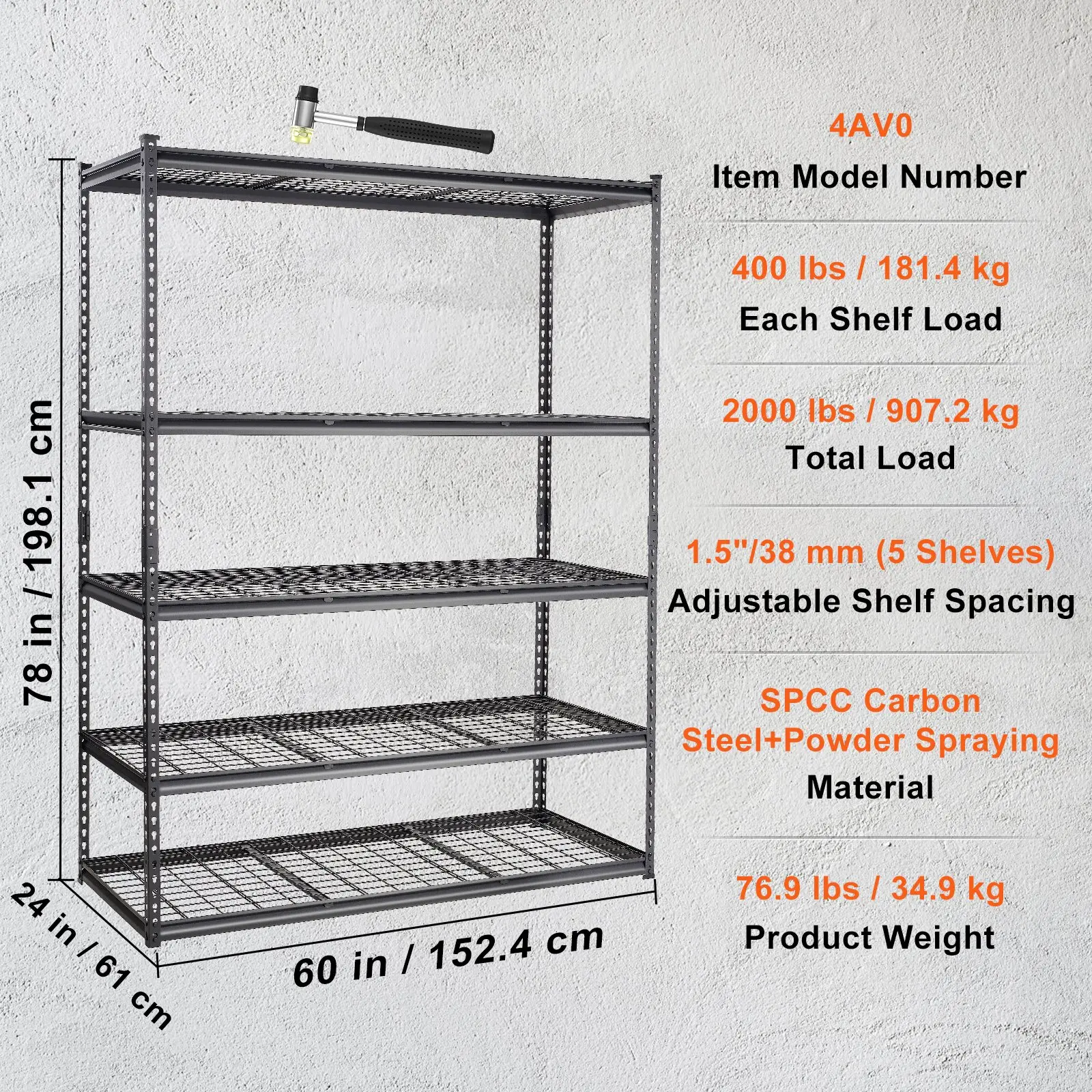 Estantería de almacenamiento VEVOR, ajustable de 5 niveles, capacidad de carga de 2000 lb, estante de garaje de metal resistente, organizador de malla de alambre, color negro, 36 pulgadas de largo x 16 pulgadas de ancho x 72 pulgadas de alto; adecuada par