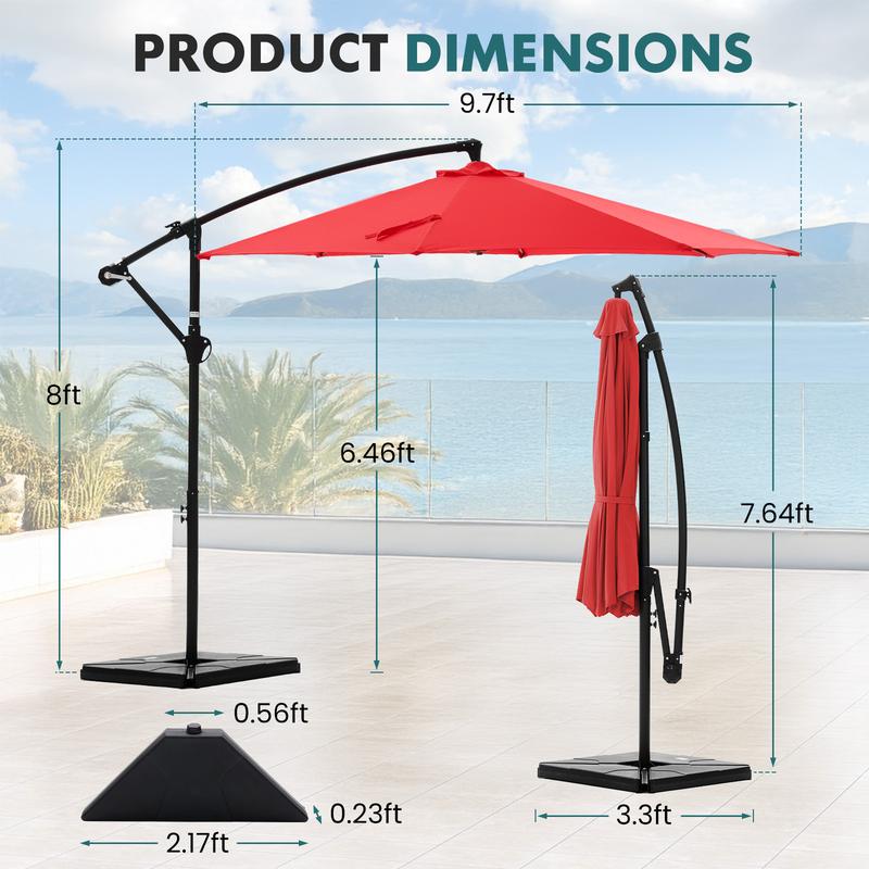 【Con base】 Sombrilla excéntrica de 10 pies para patio exterior (con base) — Inclinación y manivela sencillas, pantalla de poliéster ajustable para jardín, patio trasero y zona de piscina.