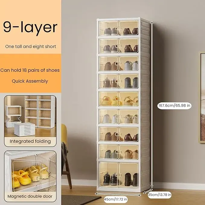 Zapatero plegable con puertas transparentes magnéticas, de 9 niveles; tiene capacidad para 18 pares de zapatos. Zapatero de plástico resistente y apilable que ahorra espacio; no requiere instalación, es cómodo y práctico.