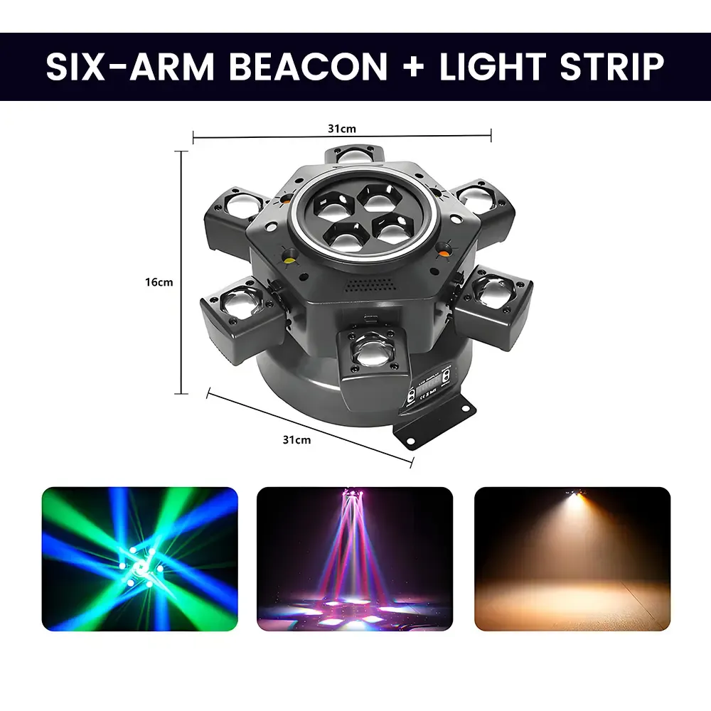 Luces DJ con cabeza móvil para fiestas – LED RGBW 6 en 1, 6 brazos, compatible DMX-512 y activación por sonido