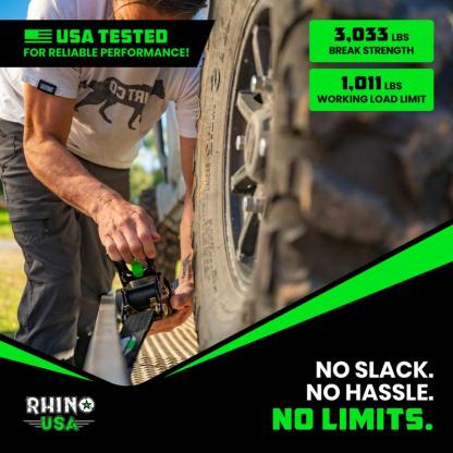 Correas de Amarre con Trinquete Retráctil Rhino USA 2” x 10’ – Paquete de 2 o 4, Uso Rudo, Resistencia 3,033 lb, para Camión y Remolque