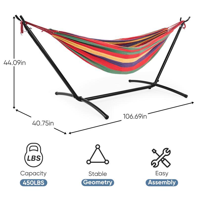 Hamaca con Soporte Ahorra Espacio, Estructura de Acero Resistente, Portátil para Interior y Exterior, Capacidad 450 lbs, Ensamblaje Fácil, Incluye Bolsa de Transporte