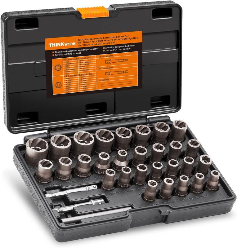 Juego Mejorado de Extractores de Pernos THINKWORK, 32 Piezas – Removedor de Pernos y Tuercas con Impacto, Eliminador de Tuercas Dañadas, Congeladas o Oxidadas, Universal