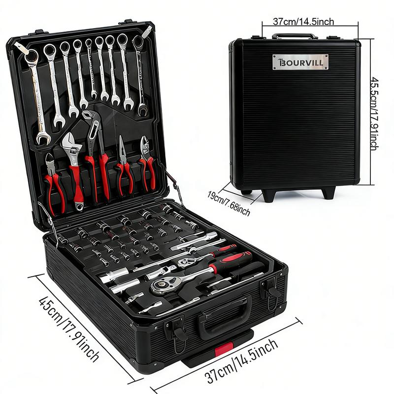 Bourvill Juego de Herramientas de 899 Piezas, Caja de Herramientas de Metal de Gran Capacidad, Caja de Herramientas Móvil con 4 Cajones de Aluminio, Juego de Herramientas para Reparación de Mecánica y Hogar, Regalo para el Día del Padre