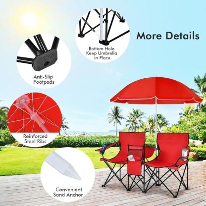 COSTWAY Sillas de Picnic Dobles Portátiles, Sillas de Camping Plegables con Sombrilla Desmontable, Bolsa Enfriadora, Portavasos, Sillas para Patio, Playa y Camping para Exteriores