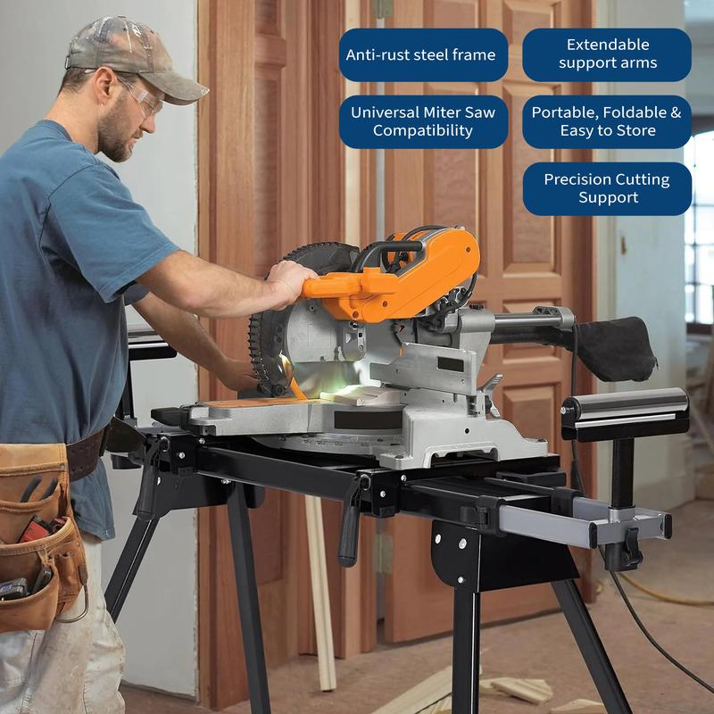 Soporte para Sierra Ingletadora GARVEE con Capacidad de 440 lbs, Riel Deslizante de Hasta 76-4/5'', Estructura de Acero Antióxido, Diseño Plegable y Portátil, Compatible Universal para Carpintería, Incluye Caja de Herramientas