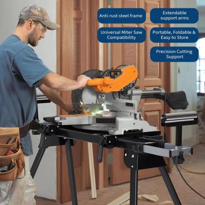 Soporte para Sierra Ingletadora GARVEE con Capacidad de 440 lbs, Riel Deslizante de Hasta 76-4/5'', Estructura de Acero Antióxido, Diseño Plegable y Portátil, Compatible Universal para Carpintería, Incluye Caja de Herramientas