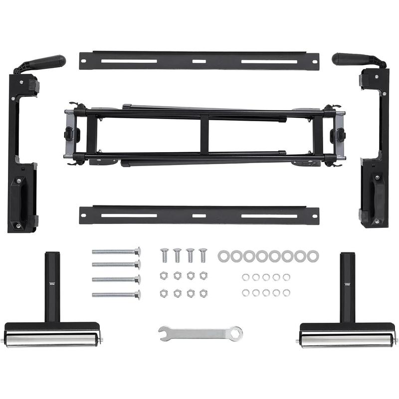 Soporte para Sierra Ingletadora GARVEE con Capacidad de 440 lbs, Riel Deslizante de Hasta 76-4/5'', Estructura de Acero Antióxido, Diseño Plegable y Portátil, Compatible Universal para Carpintería, Incluye Caja de Herramientas