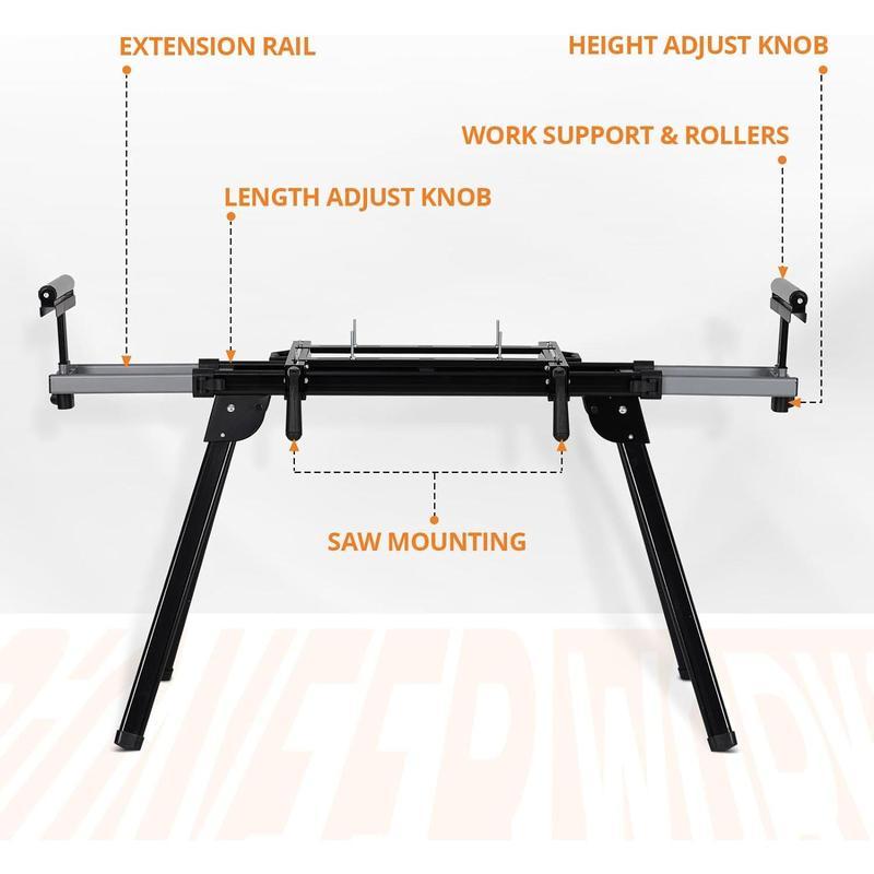 Soporte para Sierra Ingletadora GARVEE con Capacidad de 440 lbs, Riel Deslizante de Hasta 76-4/5'', Estructura de Acero Antióxido, Diseño Plegable y Portátil, Compatible Universal para Carpintería, Incluye Caja de Herramientas