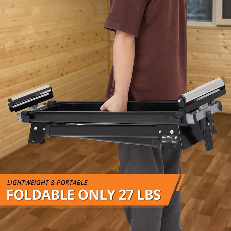 Soporte para Sierra Ingletadora GARVEE con Capacidad de 440 lbs, Riel Deslizante de Hasta 76-4/5'', Estructura de Acero Antióxido, Diseño Plegable y Portátil, Compatible Universal para Carpintería, Incluye Caja de Herramientas