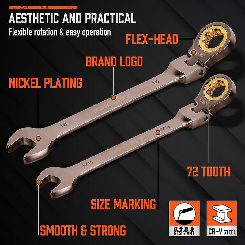 Juego de Llaves Combinadas con Carraca de Cabeza Flexible HORUSDY | Métrico y SAE | Llaves de Trinquete con Organizador | 72 Dientes | Acero Cromo Vanadio, Ideal como Regalo de Navidad