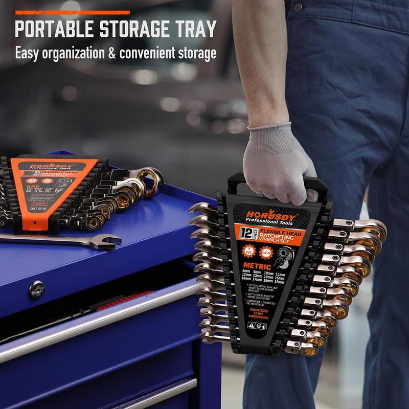 Juego de Llaves Combinadas con Carraca de Cabeza Flexible HORUSDY | Métrico y SAE | Llaves de Trinquete con Organizador | 72 Dientes | Acero Cromo Vanadio, Ideal como Regalo de Navidad