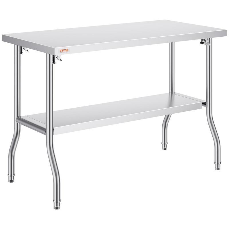 Mesa Comercial Plegable VEVOR 48 x 24” – Mesa de Trabajo con Estante Inferior, Acero Inoxidable Resistente, Soporta 300 lbs, Ideal para Cocina, Restaurante o Garaje