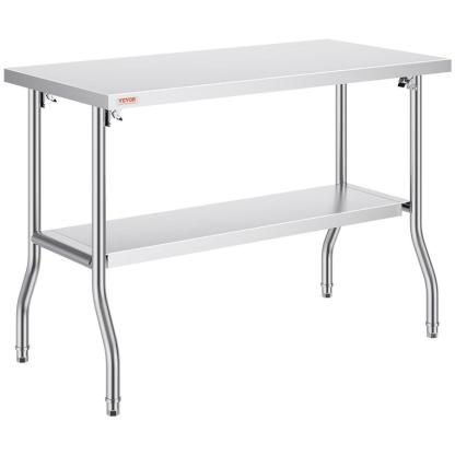 Mesa Comercial Plegable VEVOR 48 x 24” – Mesa de Trabajo con Estante Inferior, Acero Inoxidable Resistente, Soporta 300 lbs, Ideal para Cocina, Restaurante o Garaje