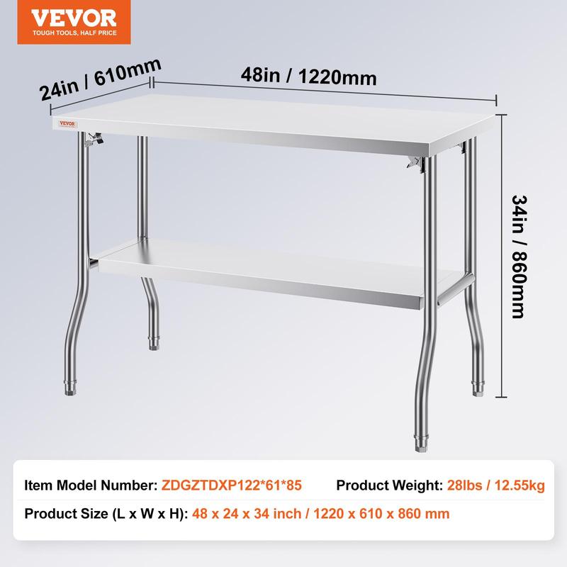 Mesa Comercial Plegable VEVOR 48 x 24” – Mesa de Trabajo con Estante Inferior, Acero Inoxidable Resistente, Soporta 300 lbs, Ideal para Cocina, Restaurante o Garaje