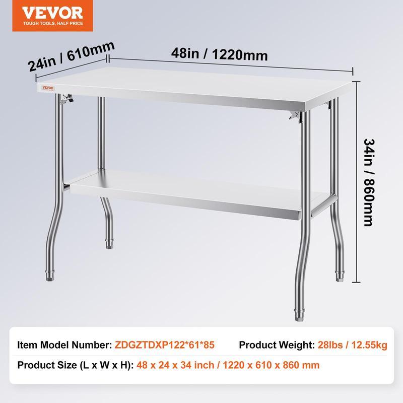 Mesa Comercial Plegable VEVOR 48 x 24” – Mesa de Trabajo con Estante Inferior, Acero Inoxidable Resistente, Soporta 300 lbs, Ideal para Cocina, Restaurante o Garaje
